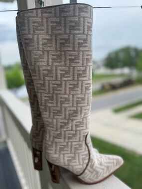 Designer-Inspired Cream Patterned Knee-High Boots